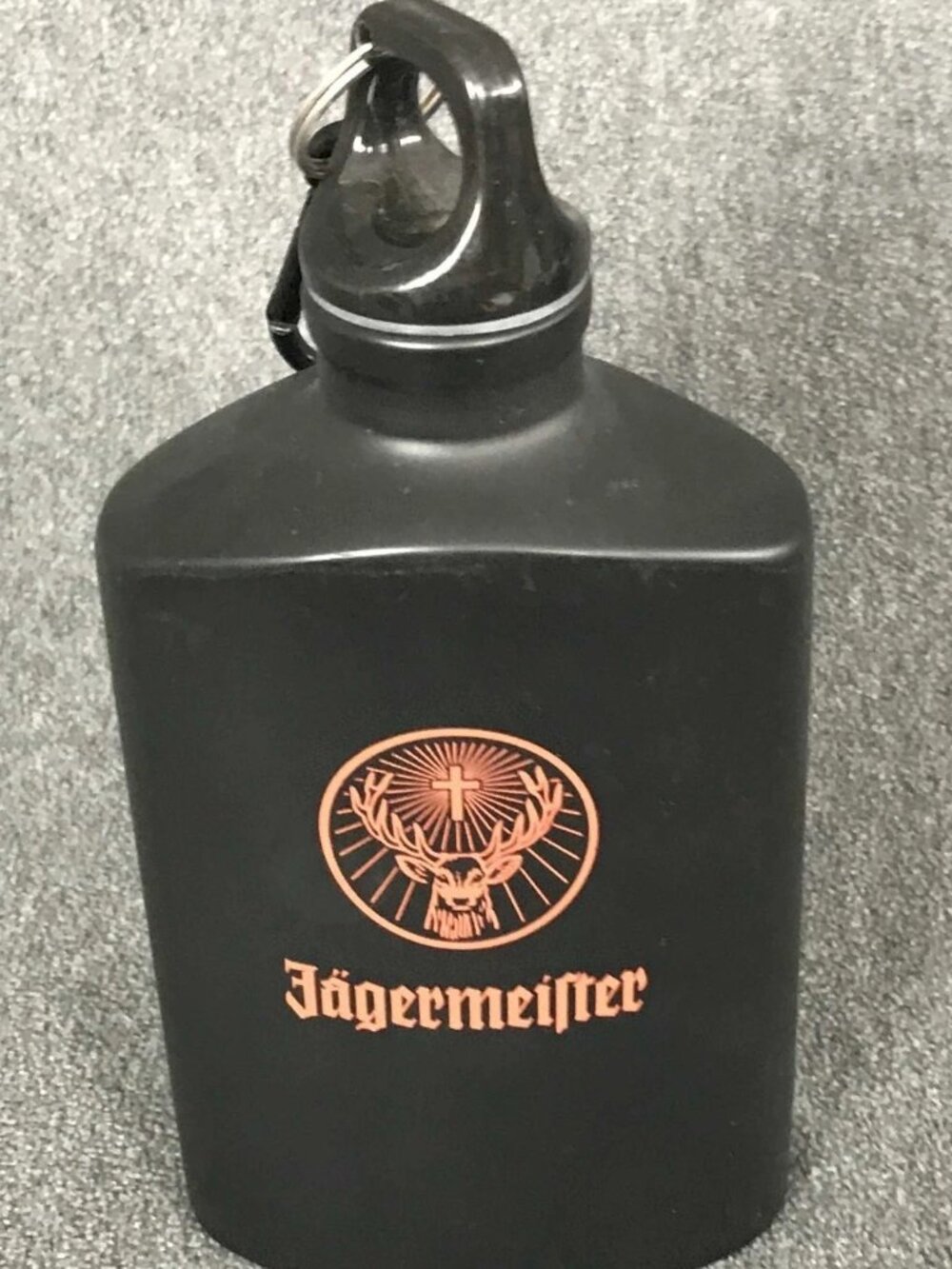 Jägermeister Reusable Water Drink Metal Bottle Flask Portable Black 7.5x4x2in